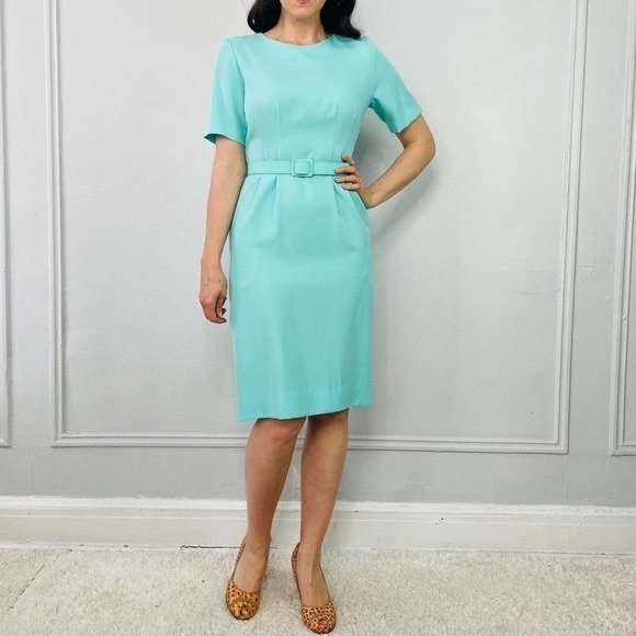 Vintage 80s Teal Blue Belted‎ Dress - Picture 4 of 4